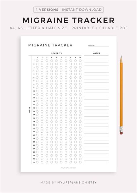 Monthly Migraine Tracker Printable Template Headache Pain Etsy UK