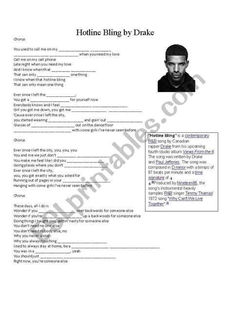 Hotline Bling - Drake - ESL worksheet by eddieinengland