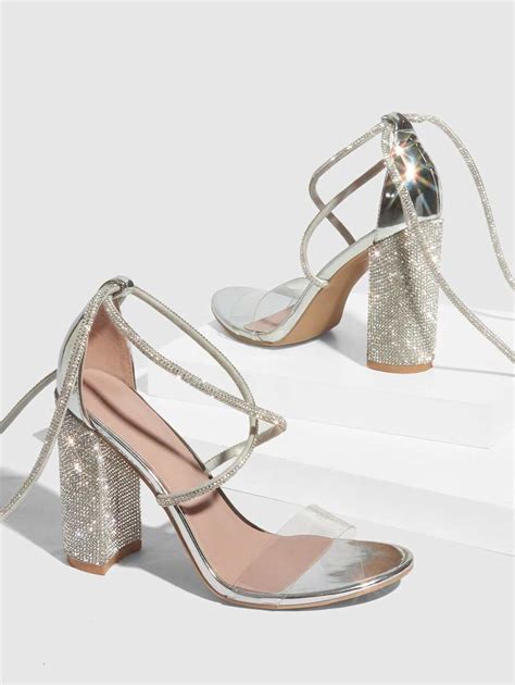 CUCCOO SZL Woman Shoes Rhinestone Decor Chunky Heeled Strappy Silver