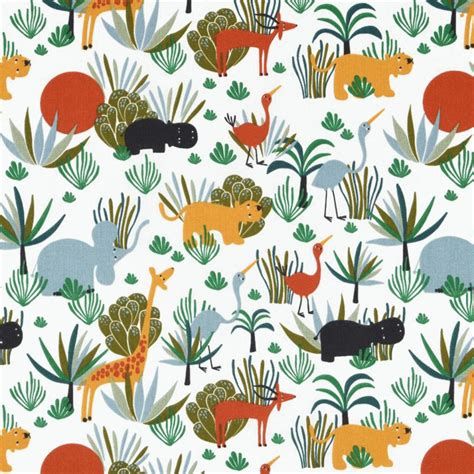 Tissu Cretonne Coton Kenya Motifs Animaux De La Jungle Multicouleurs