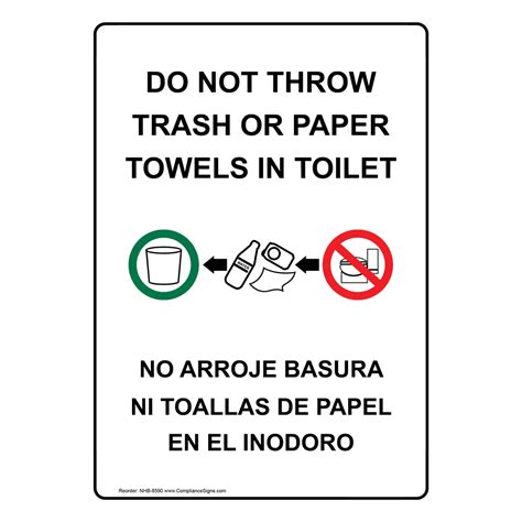 Bilingual Vertical Sign Do Not Throw Trash Or Paper Towels In Toilet