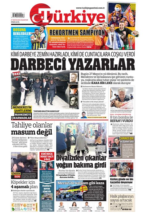 Türkiye Gazetesi 27 Mayıs 2024 Pazartesi Günü Manşeti