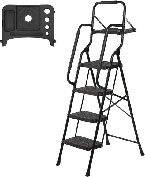 WiberWi Step Ladder 4 Step With Handrails Folding Step Stool With Tool