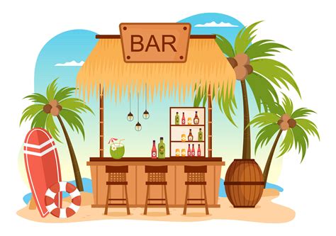 Tropical Bar Or Pub In Beach With Alcohol Drinks Bottles Bartender Table Interior And Chairs