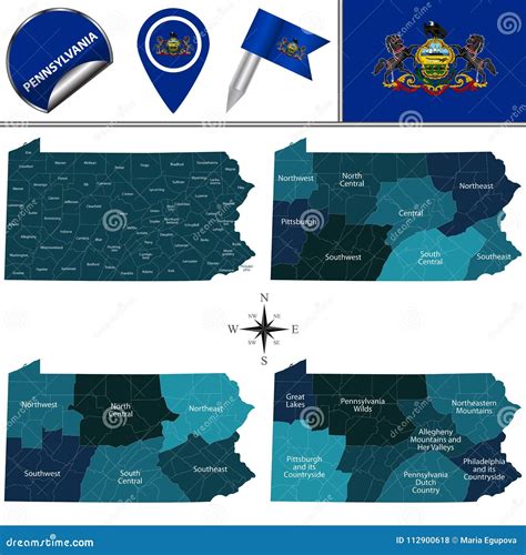 Map of Pennsylvania with Regions Stock Vector - Illustration of forest ...