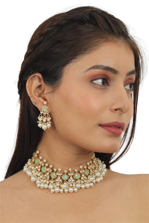 Buy Gold Plated Real Jadtar Stones Bead Drop Necklace Set By Riana