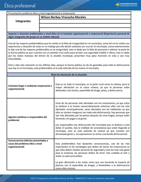 Etica Actividad 3 buen trabajo Presentación problema ético a nivel