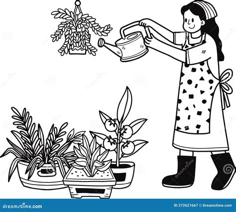 Young Woman Watering Plants Illustration In Doodle Style Stock Vector