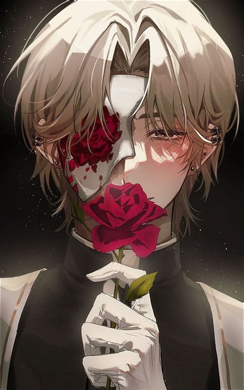 An Anime Character Holding A Rose In Front Of His Face