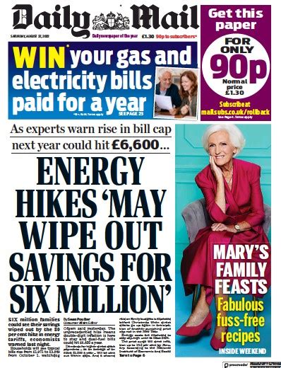 Daily Mail (UK) Front Page for 27 August 2022 | Paperboy Online Newspapers