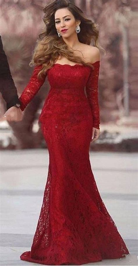 Red Lace Mermaid Prom Dress Off The Shoulder Pageant Gown Long Sleeve