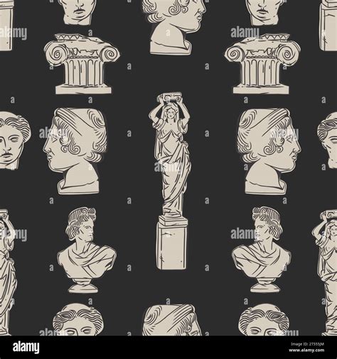 Hand Drawn Vector Abstract Graphic Greek Ancient Sculpture Statues And Column Line Art Modern