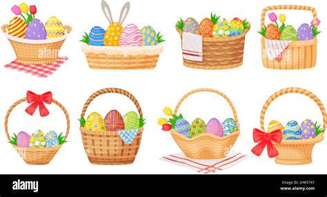 Cartoon Easter Baskets With Painted Eggs And Spring Flowers Wicker Basket Full Of Chocolate Egg