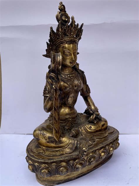 Buddhist Statue Of Green Tara Full Fire Gold Plated Antique