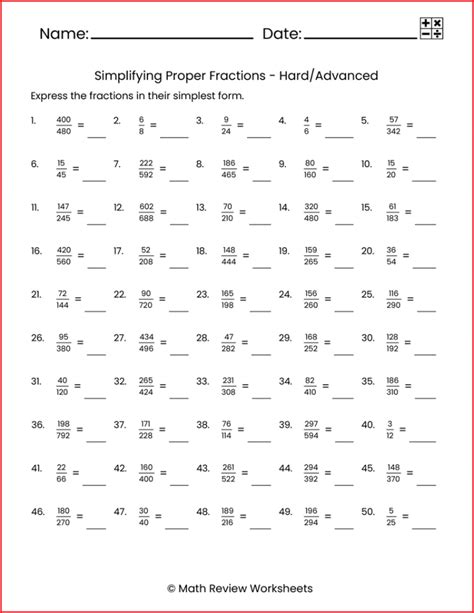 Simplifying Proper Fractions Hard Math Review Worksheets