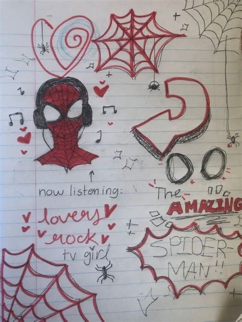 A Notebook With Writing On It And Spider Man Drawings In The Middle