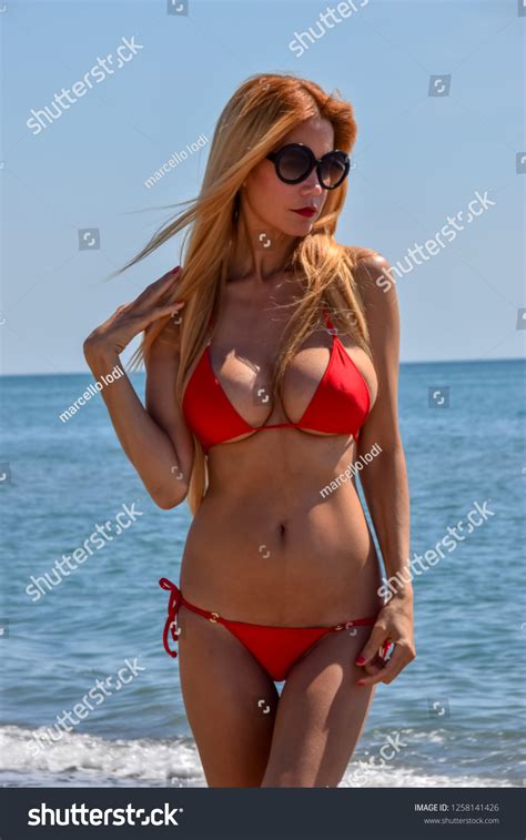 Sexy Blonde Model Red Micro Bikini Stock Photo Shutterstock
