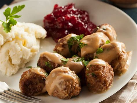 Swedish Meatballs With Mash Potatoes Creamy Brown Sauce And Lingonberry Smorrebrod