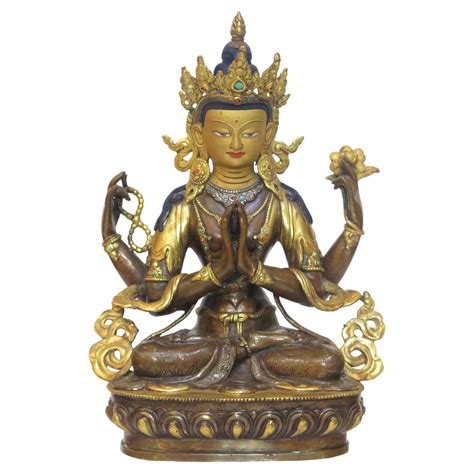 Gilt Bronze Tibetan Buddhist Deity Chenrezig Four Armed