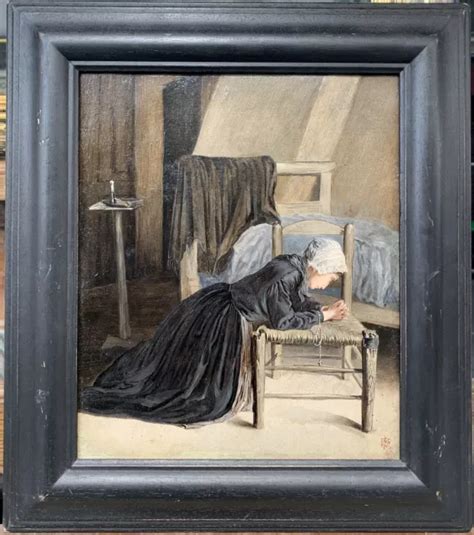 TABLEAU ANCIEN HUILE Portrait Femme en Prière Chaise Interieur Vanité