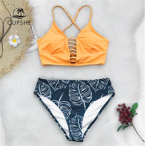 Cupshe Yellow And Leaves Print Lace Up Bikin Sets Swimsuits 2019 Women