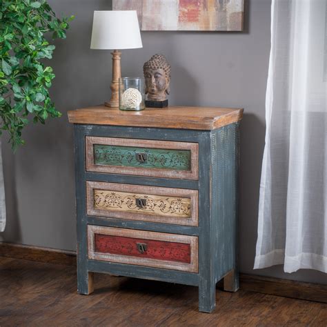 Leo Solid Wood Drawers Chest Cabinet In Weathered Multi Colored Finish