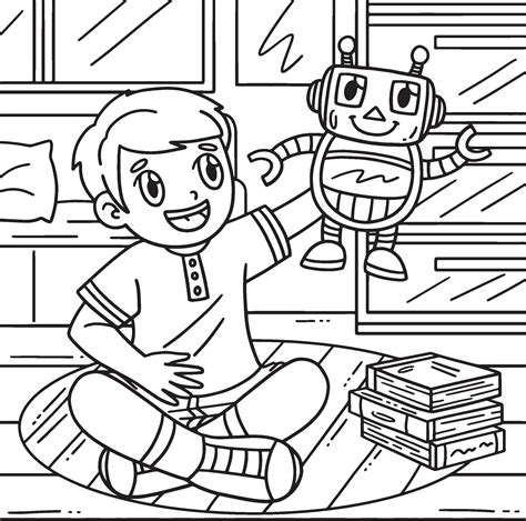 Boy Playing Robot Toy Coloring Page For Kids 34328409 Vector Art At