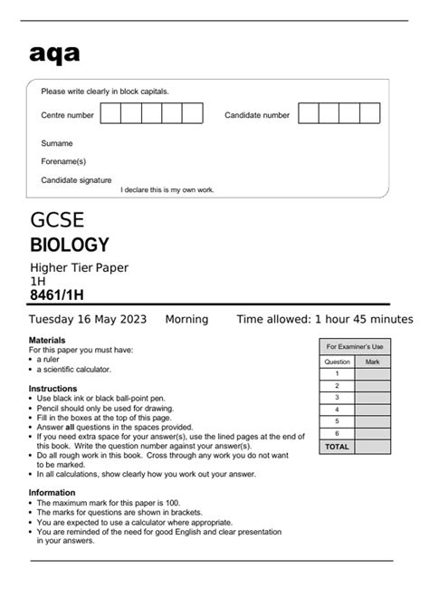 Aqa Gcse Biology Higher Tier Paper 1h 84611h May 2023 Question Paper