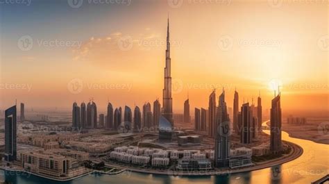 Amazing Panoramic View Of Dubai City Skyscraper During Sunset Or