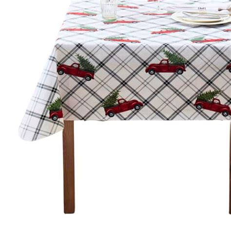 Serafina Home Holiday Christmas Trucks Vinyl Tablecloth With Flannel Backing Tablecloth