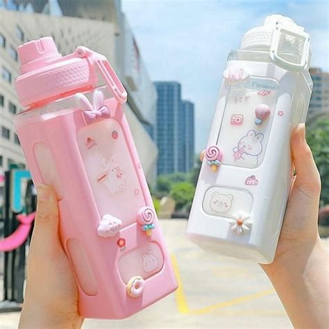 Large Kawaii Water Bottle With Straw And 3D Stickers Cute Aesthetic