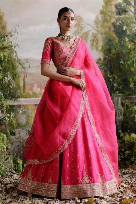 Buy Pink Raw Silk Embroidery Dori V Neck Bridal Lehenga Set For Women