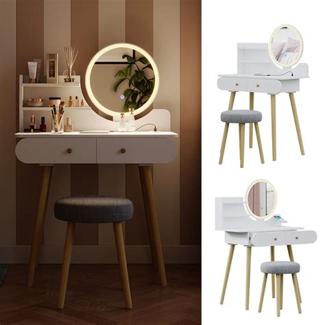 Coiffeuse Edda Blanc Avec Tabouret Miroir Led Et Station De Recharge