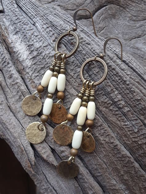 Boho Aged Brass And Bone Dangle Earrings Etsy Etsy Earrings Dangle