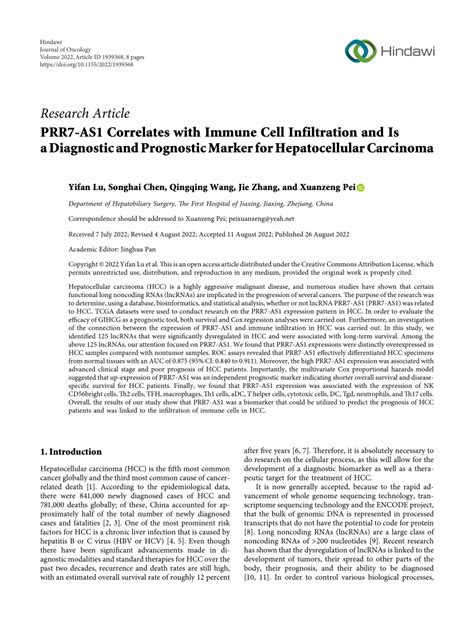 Pdf Prr7 As1 Correlates With Immune Cell Infiltration And Is A