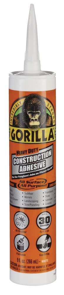 Gorilla All Weather Indoor Outdoor Heavy Duty Construction Adhesive Glue White 9 Oz Canadian