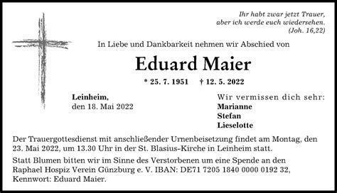 Traueranzeigen Von Eduard Maier Augsburger Allgemeine Zeitung