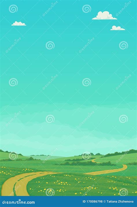 Summer Landscape With Rural Dirt Road Running Through Green Meadows