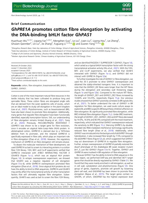 PDF GhPRE1A Promotes Cotton Fiber Elongation By Activating The DNA