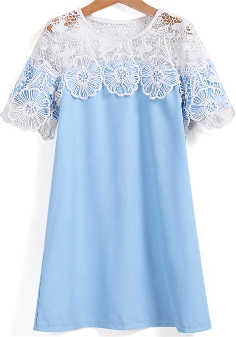 Blue Hollow Lace Short Sleeve Chiffon Dress Shein Sheinside