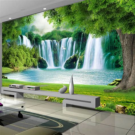 Custom Arbitrary Size 3d Wallpaper Waterfall Meadow Green Landscape Mural Living Room Bdroom