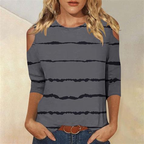 CFLVAEK Women S 3 4 Sleeve Shirt Cold Shoulder Fashion Stripe Printed