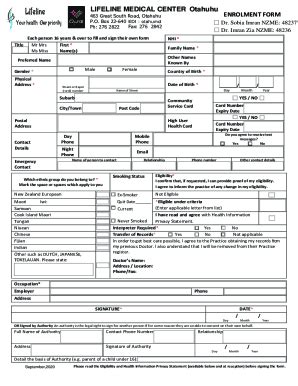 Fillable Online Enrolment Form Lifeline Medical Centre Otahuhu Fax