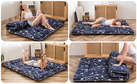 Navy Floral Printed Japanese Floor Mattress Rustic Style