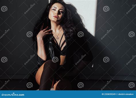 Beautiful Woman Brunette Posing In Black Lingerie Stock Image Image Of Corset Lingerie