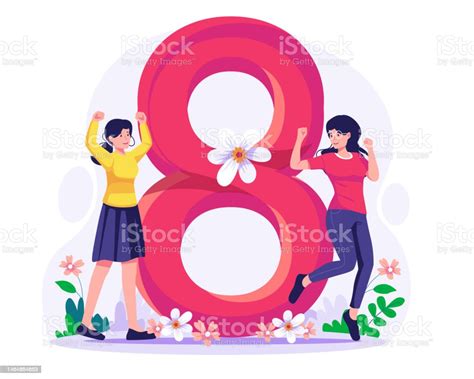 Two Cheerful Young Women Celebrating Womens Day In Front Of The Big ...