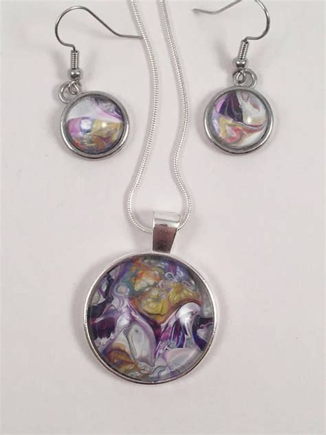 Hand Made Acrylic Paint Pendant And Glass Cabochon Chain Necklace With Matching Earrings Easy Diy