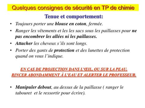 PPT Quelques consignes de sécurité en TP de chimie PowerPoint