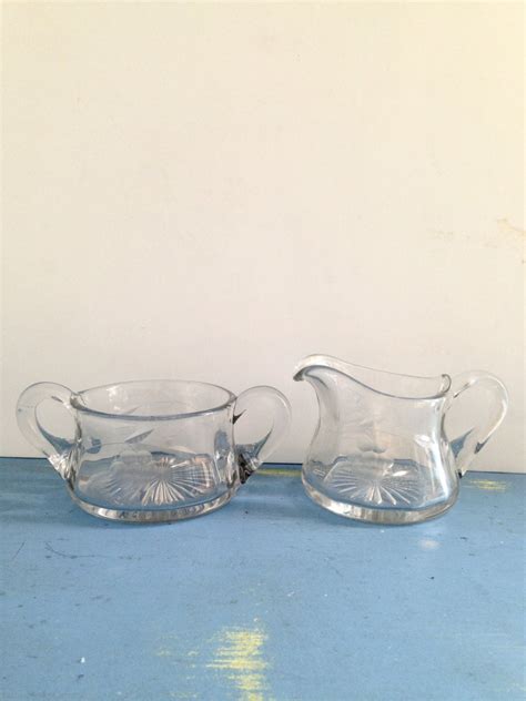 Vintage Cream And Sugar Set Glass Creamer And Sugar Bowl W Starburst