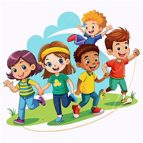 Four happy kids playing jumping rope outdoors | Premium AI-generated vector